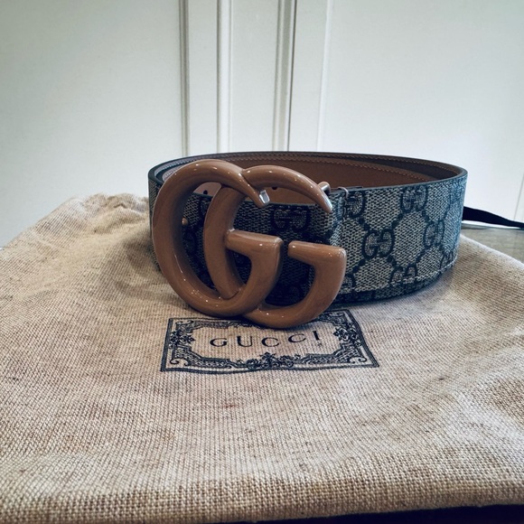 Gucci Monochrome GG Logo Wide Marmont Tan Enamel Canvas Belt 100/39.